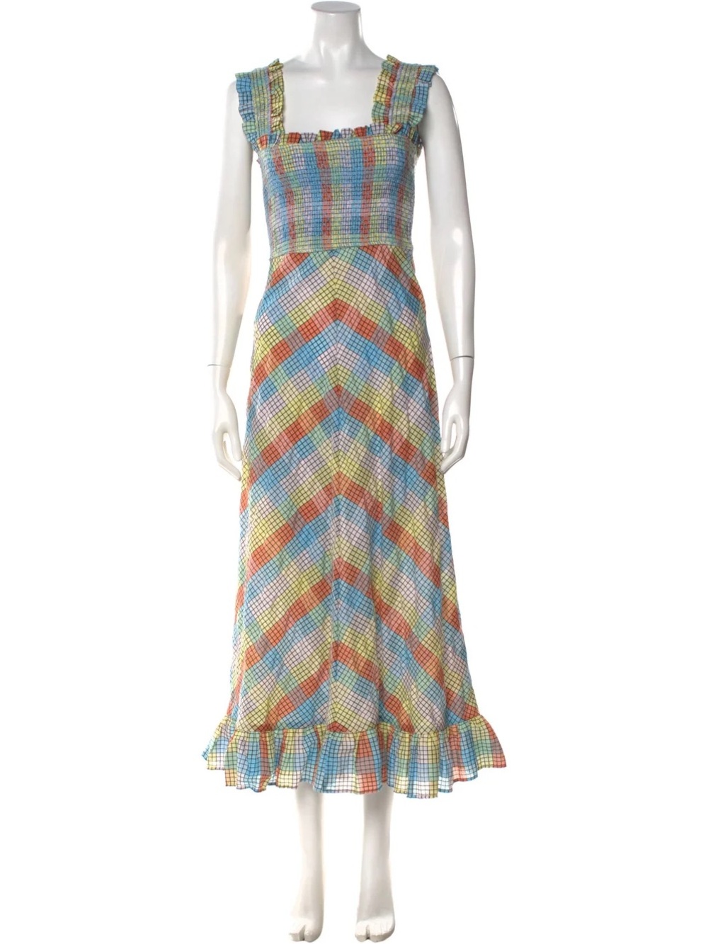 Ganni Seersucker Rainbow Maxi Dress with Ruffle Straps